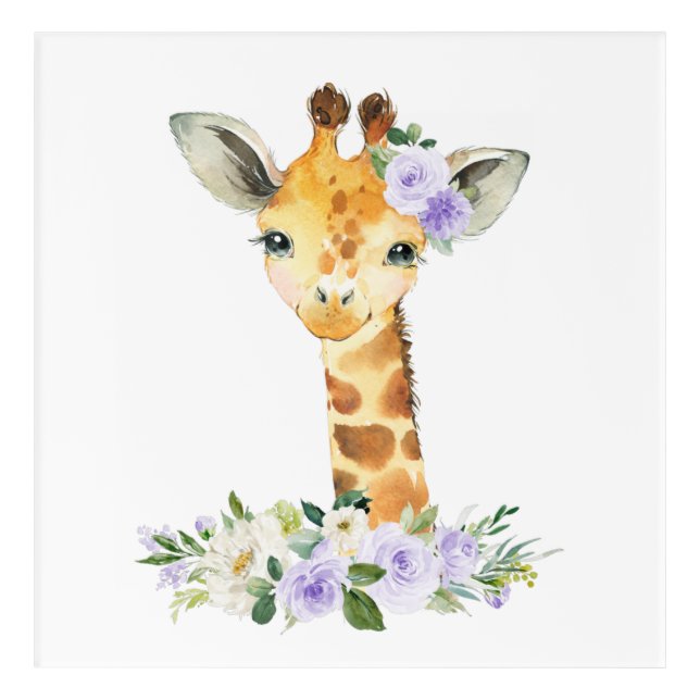 Giraffe, Safari, Purple Flowers, Gender Neutral Acrylic Print (Front)