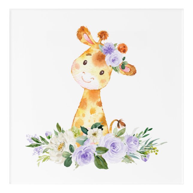 Giraffe, Safari, Purple Flowers, Gender Neutral Acrylic Print (Front)
