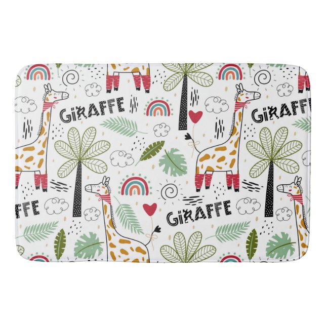 Giraffe Safari themed Palm Tree, Rainbow, doodle Bath Mat (Front)