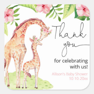 Giraffe safari tropical girl leaves baby shower square sticker