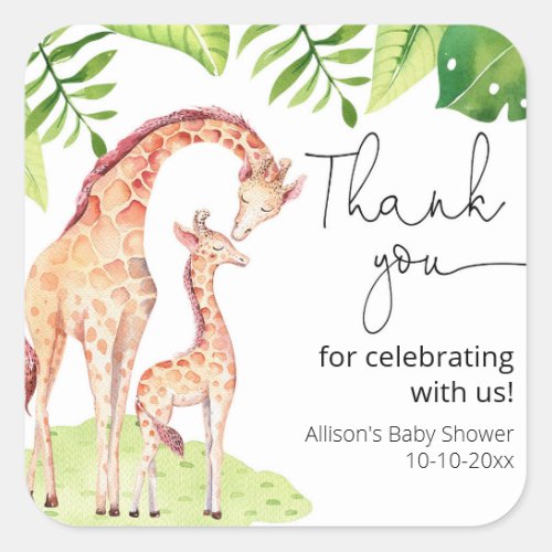 Giraffe safari tropical green leaves baby shower square sticker