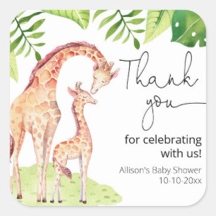 Giraffe safari tropical green leaves baby shower square sticker