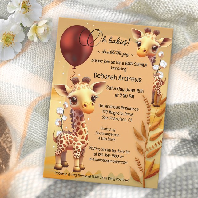 Giraffe Safari Twins Baby Shower Invitation (Creator Uploaded)