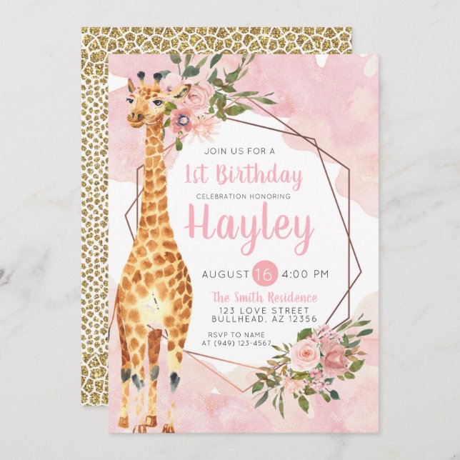 Giraffe Safari Watercolor Birthday Invitation (Front/Back)