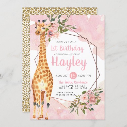 Giraffe Safari Watercolor Birthday Invitation