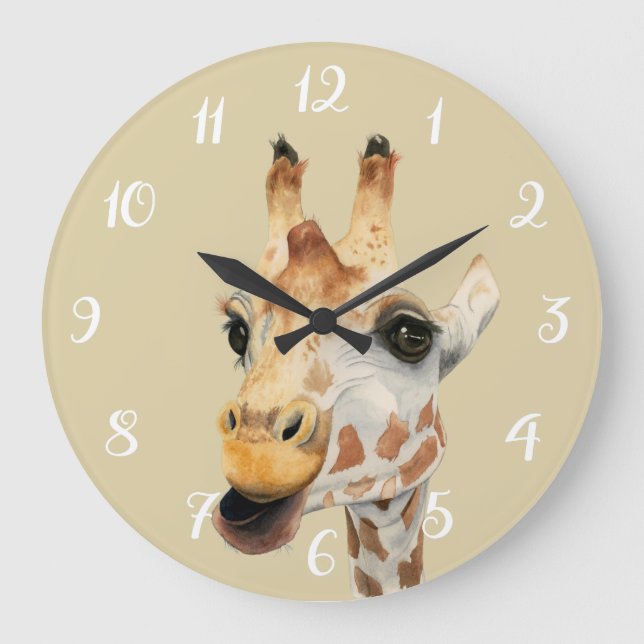 Giraffe Safari Watercolor Nursery Room Large Clock (Front)
