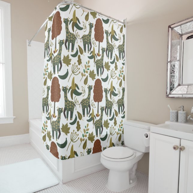 Giraffe seamless pattern | colorful floral pattern shower curtain (In Situ)