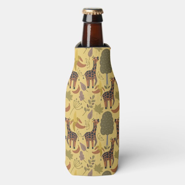 Giraffe seamless pattern yellow background bottle cooler (Bottle Front)