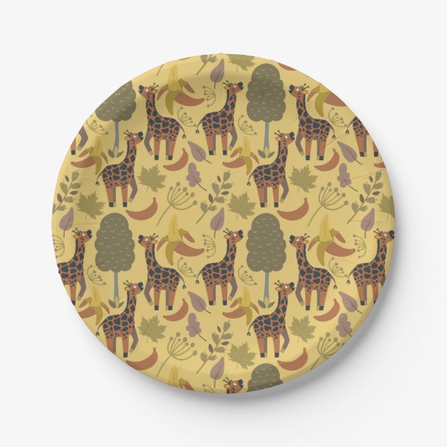 Giraffe seamless pattern yellow background paper plates (Front)
