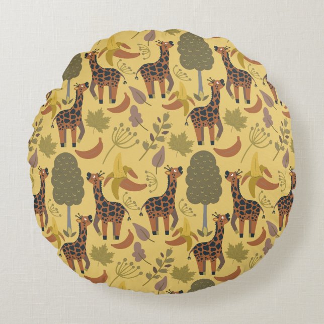 Giraffe seamless pattern yellow background round pillow (Front)