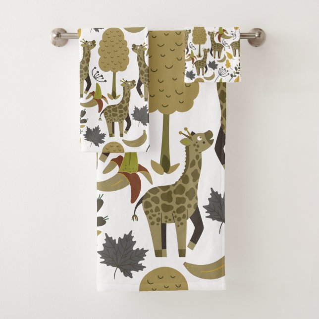 Giraffe seamless pattern yellow white tall bath towel set (Insitu)