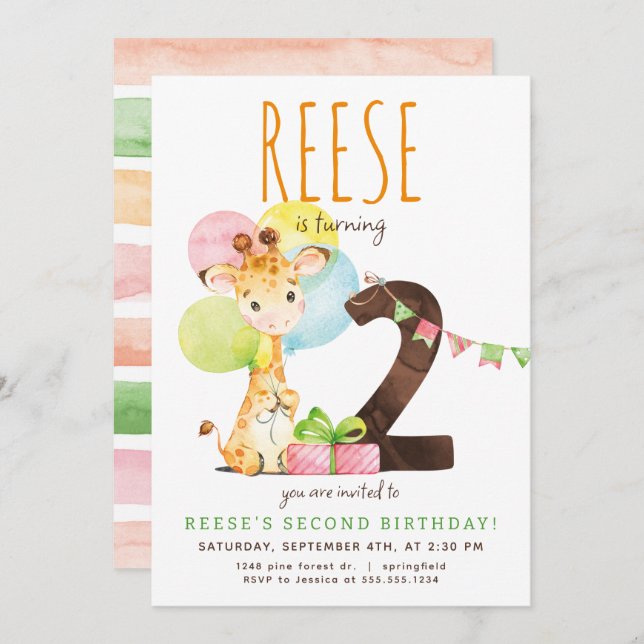 Giraffe Second Birthday Party Invitation (Front/Back)