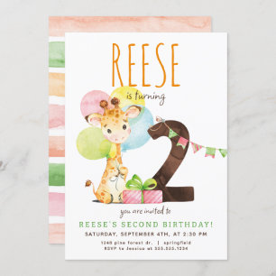 Giraffe Second Birthday Party Invitation