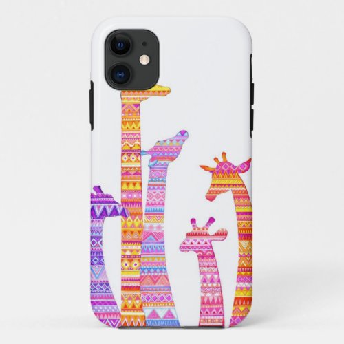 Giraffe Silhouettes in Colorful Tribal Print iPhone 11 Case