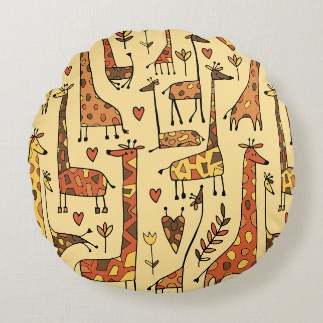 Giraffe Sketch, Fun Seamless Design. Round Pillow (Front)
