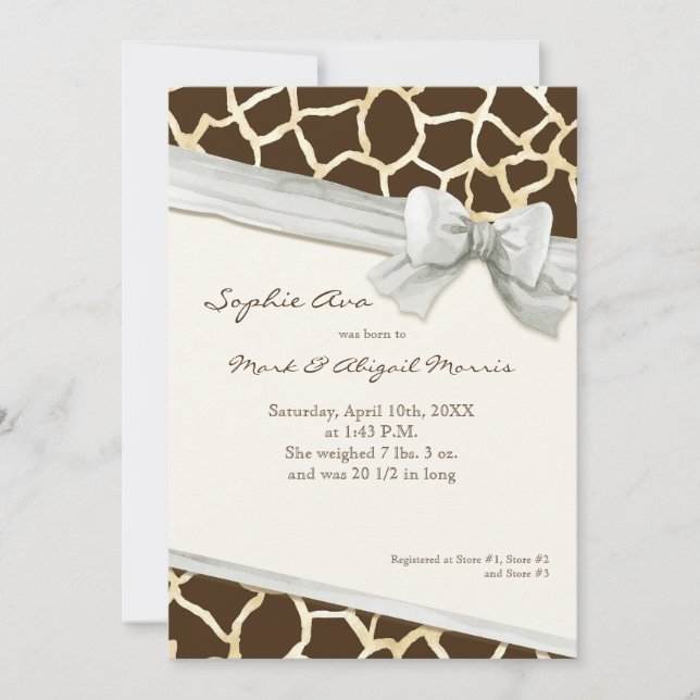 Giraffe Skin Pattern Ribbon n Bow Baby Girl Photo Announcement (Front)