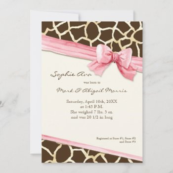 Giraffe Skin Pattern Ribbon N Bow Baby Girl Photo Announcement by ModernStylePaperie at Zazzle