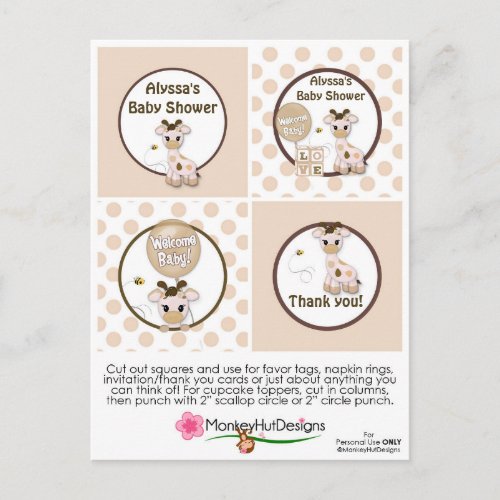 Giraffe Snickerdoodle Baby Shower Cupcake Toppers Postcard