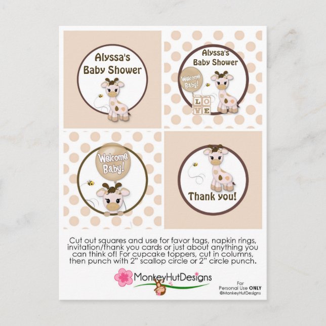 Giraffe Snickerdoodle Baby Shower Cupcake Toppers Postcard (Front)