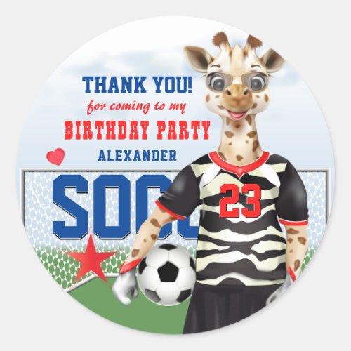 Giraffe Soccer Player  Birthday Thank You Classic Round Sticker