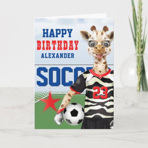 Giraffe Soccer Player Kids Birthday Card