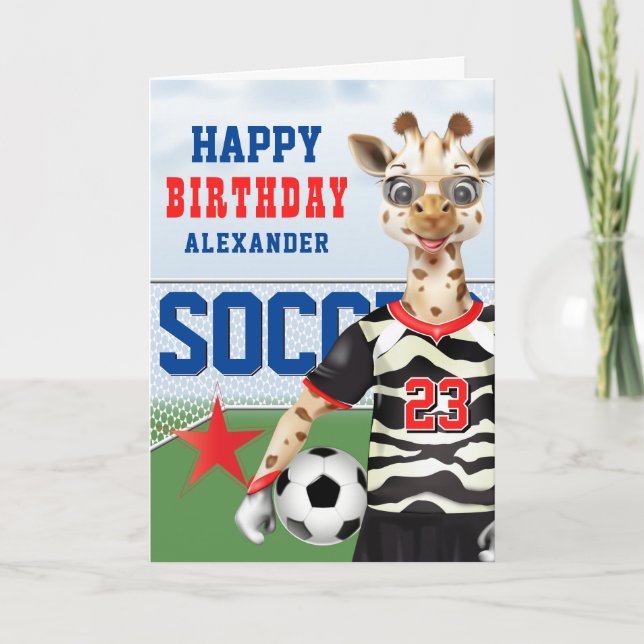 Giraffe Soccer Player Kids Birthday Card (Front)