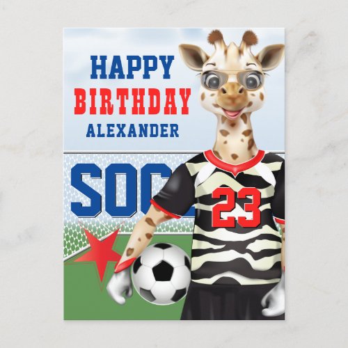 Giraffe Soccer Player Kids Birthday Postcard