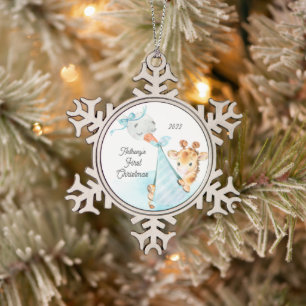Giraffe Special Delivery Baby's First Christmas Snowflake Pewter Christmas Ornament