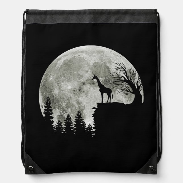Giraffe Stand On Mountain Spooky Halloween Moon Drawstring Bag (Front)