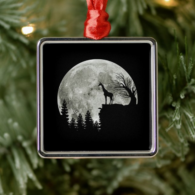 Giraffe Stand On Mountain Spooky Halloween Moon Metal Ornament (Tree)