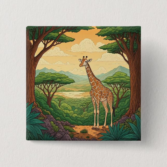 Giraffe standing in a wilderness setting button (Front)
