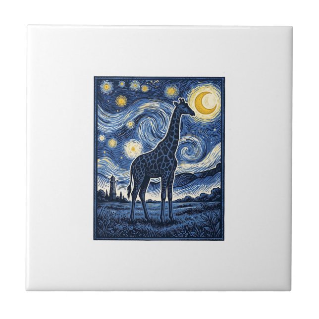 Giraffe Starry Night Vintage Ceramic Tile (Front)