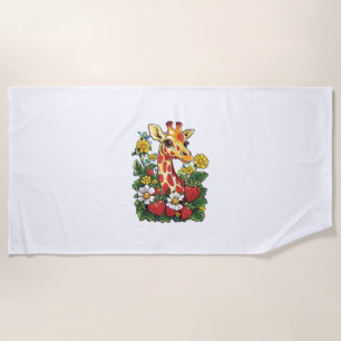 Giraffe Strawberries and Flowers Graphic Cute Gira Beach Towel