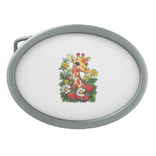 Giraffe Strawberries and Flowers Graphic Cute Gira Belt Buckle