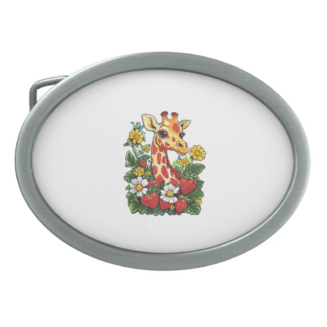 Giraffe Strawberries and Flowers Graphic Cute Gira Belt Buckle (Front)