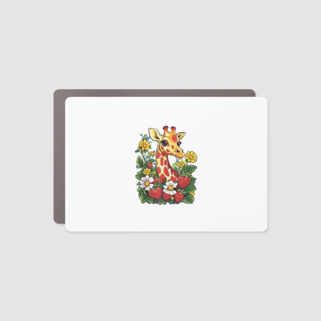 Giraffe Strawberries and Flowers Graphic Cute Gira Car Magnet (Front)