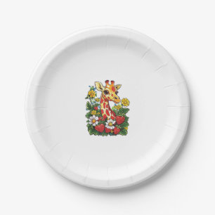 Giraffe Strawberries and Flowers Graphic Cute Gira Paper Plates