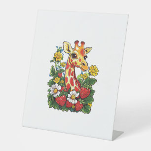 Giraffe Strawberries and Flowers Graphic Cute Gira Pedestal Sign