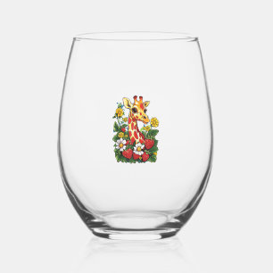 Giraffe Strawberries and Flowers Graphic Cute Gira Stemless Wine Glass