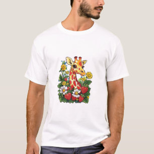 Giraffe Strawberries and Flowers Graphic Cute Gira T-Shirt