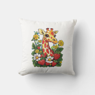 Giraffe Strawberries and Flowers Graphic Cute Gira Throw Pillow