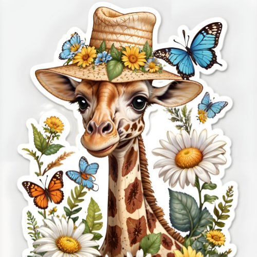 Giraffe summer aesthetic straw hat sticker