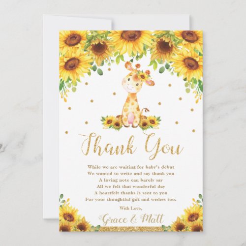 Giraffe Sunflower Baby Shower Thank You Card