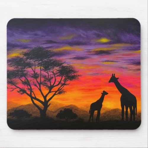 Giraffe Sunset Giraffe Scenic Art Mouse Pad