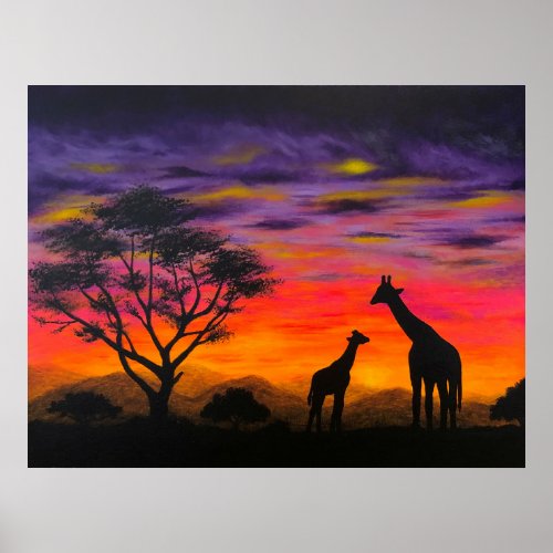 Giraffe Sunset Giraffe Scenic Art Poster Prints