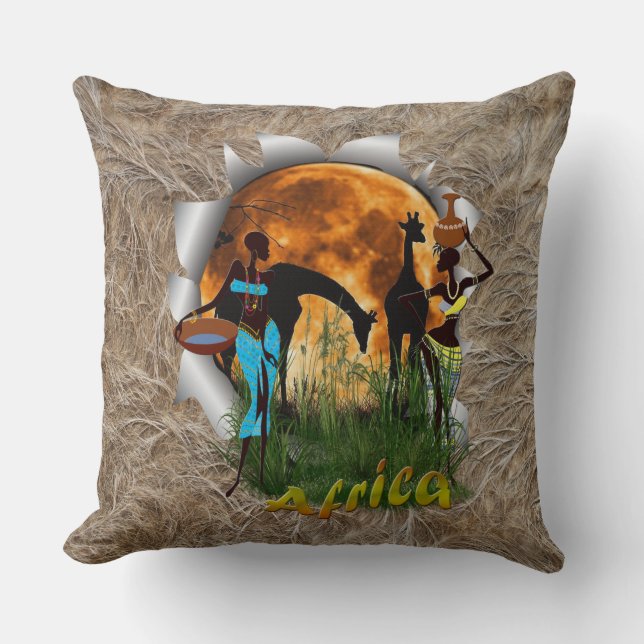 Giraffe, sunset & trendy African girls Throw Pillow (Front)