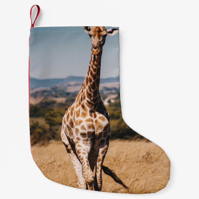 GIRAFFE SURROUNDED BY BROWN GRASS SMALL CHRISTMAS STOCKING (Front)