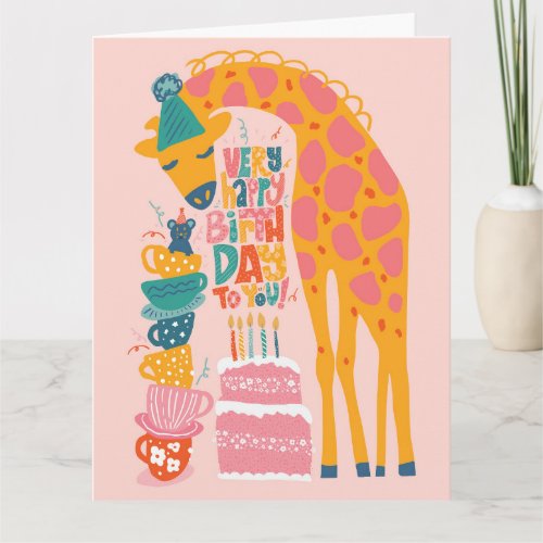 Giraffe Tea Party Folded Birthday Greeting Card