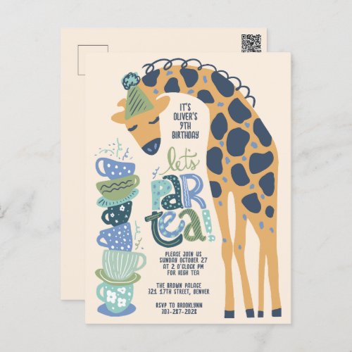 Giraffe Tea Party Kids Birthday Party Invitation Postcard