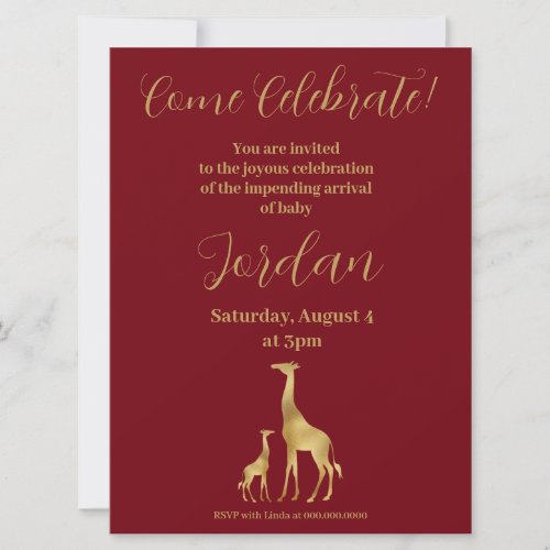 Giraffe Theme Baby Shower Burgundy and Gold Invitation
